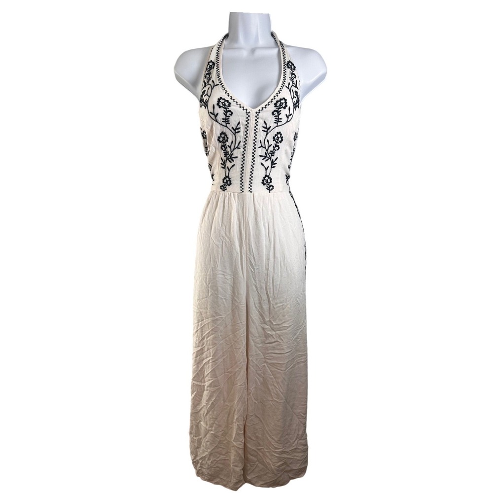 American Eagle Embroidered Halter Jumpsuit Cream Black Floral Wide Leg Medium
